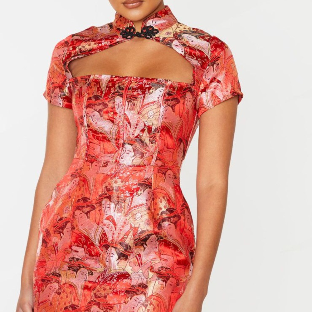 Red Oriental High Neck Jacquard Bodycon Dress